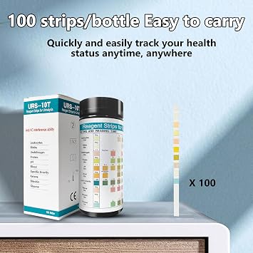 10 in 1 Urine Test Strips 100 Strips, Leukocytes Nitrite Urobilinogen Protein pH Blood Specific Gravity Ketone Billirubin Glucose 10 Parameters Reagent Strips Testing Kit for Urinalysis