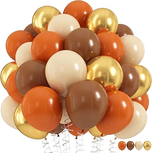 Juego de 60 globos de látex de 12 pulgadas en colores naranja quemado, café, crema y con confeti dorado metálico, decoración para cumpleaños, día de