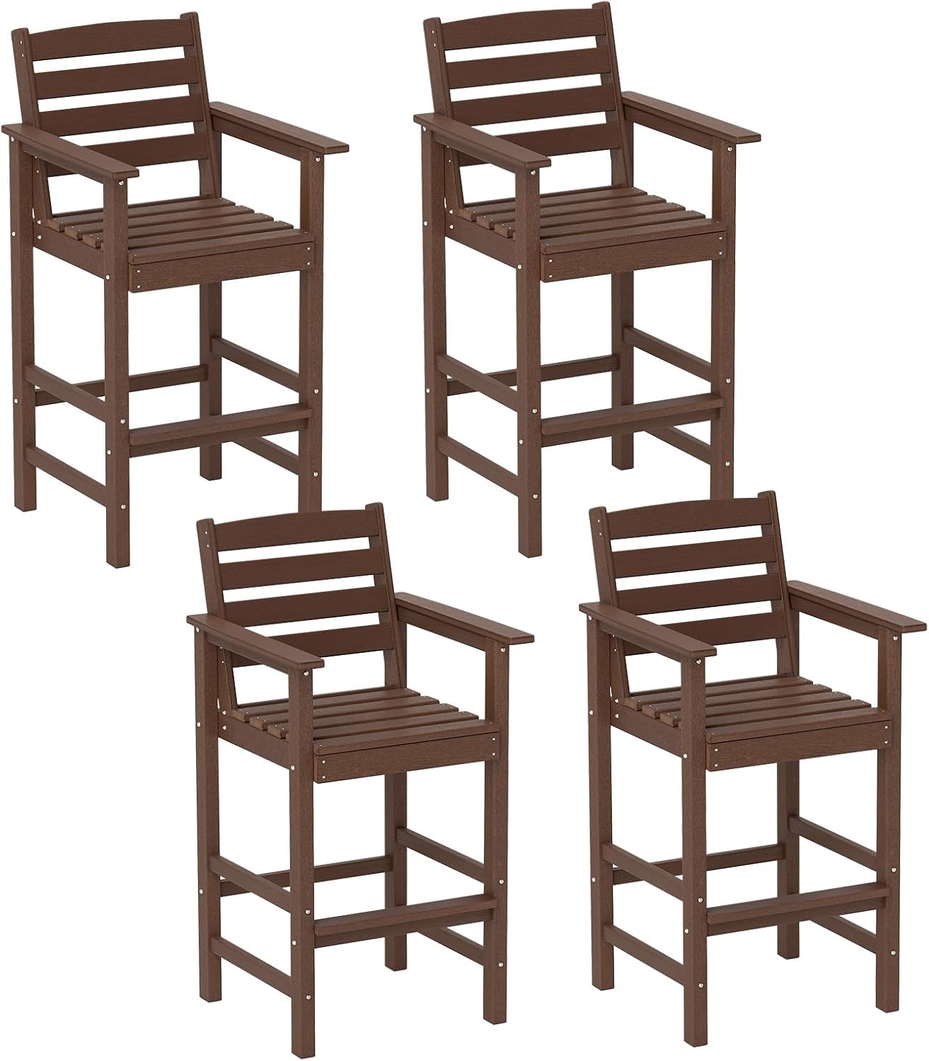 Tangkula Patio Adirondack Chairs Set of 4, HDPE Bar Height Chair with Wide Armrests & Footrest, Outdoor High-Top Slatted Bar Chairs with Backrest for Backyard, Lawn, Poolside (Brown)