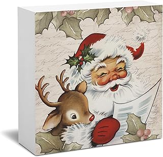 Christmas Santa Claus Decor, Vintage Christmas Santa Deer Wooden Box Sign, Santa Decorations Indoor for Home Office Shelf Table Desk, 5x5