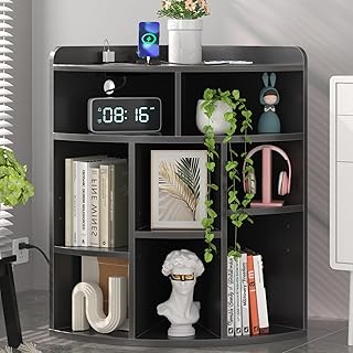 VECELO Corner Cube Shelf with USB Ports & Outlets, Modern Corner Toy Storage Rack with Adjustable Shlef, Wooden Display Bookshelf Bookcase for Living Room, Bedroom, Dining Room, Kitchen, Black