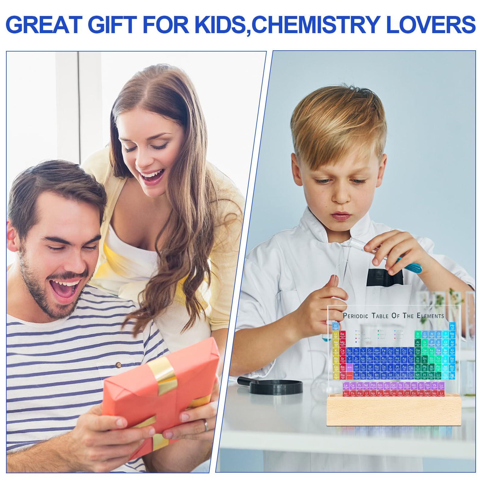 Acuxiaza Tavola periodica degli elementi: esposizione periodica da tavolo in acrilico con luci a LED colorate base, decorazione artigianale, strumento di insegnamento regalo per bambini