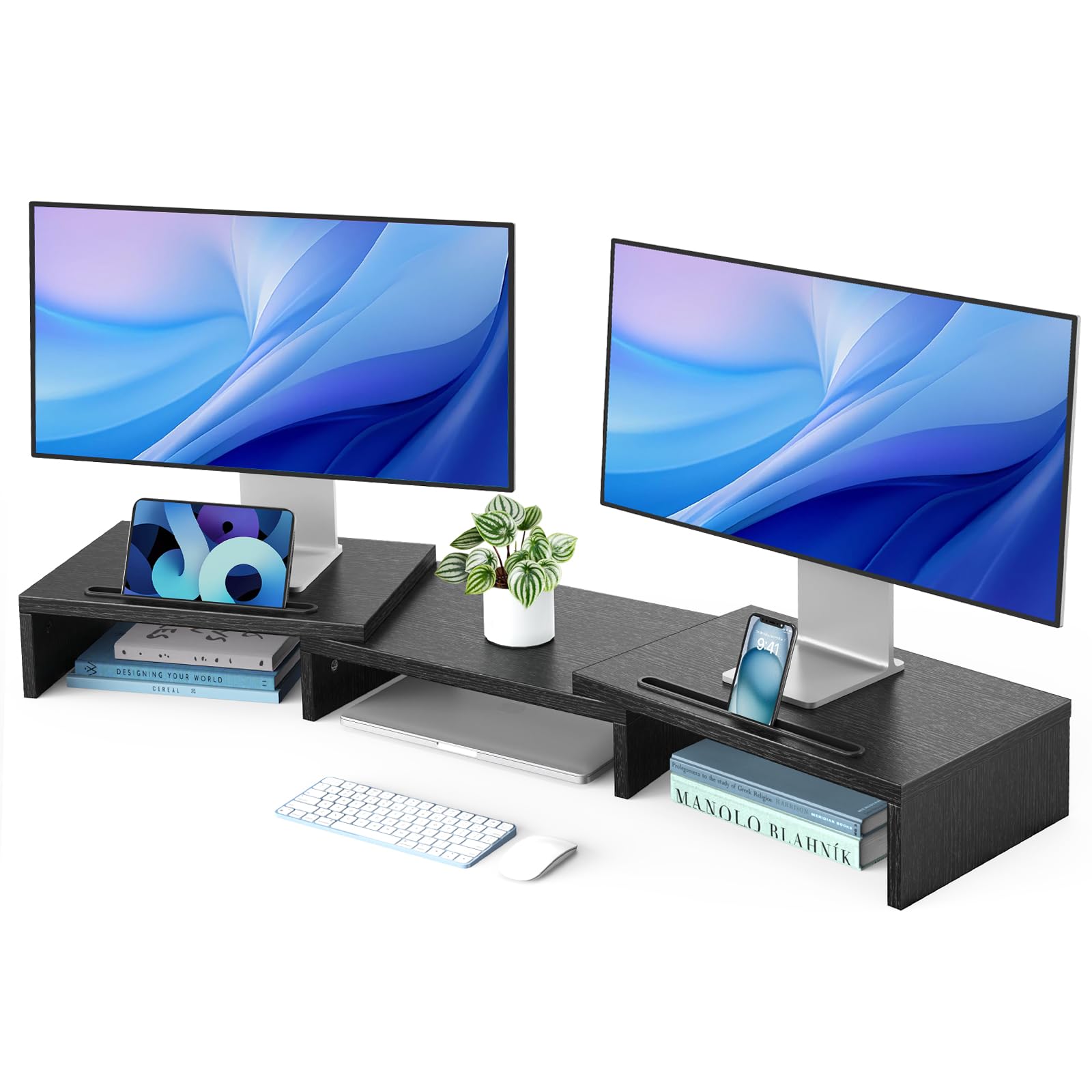 HUANUO Dual Monitor Riser Stand, Computer Monitor Stand for 2 Monitors, Adjustable Length Angle Desk Shelf with 2 Storage Slots, Monitor Organizer