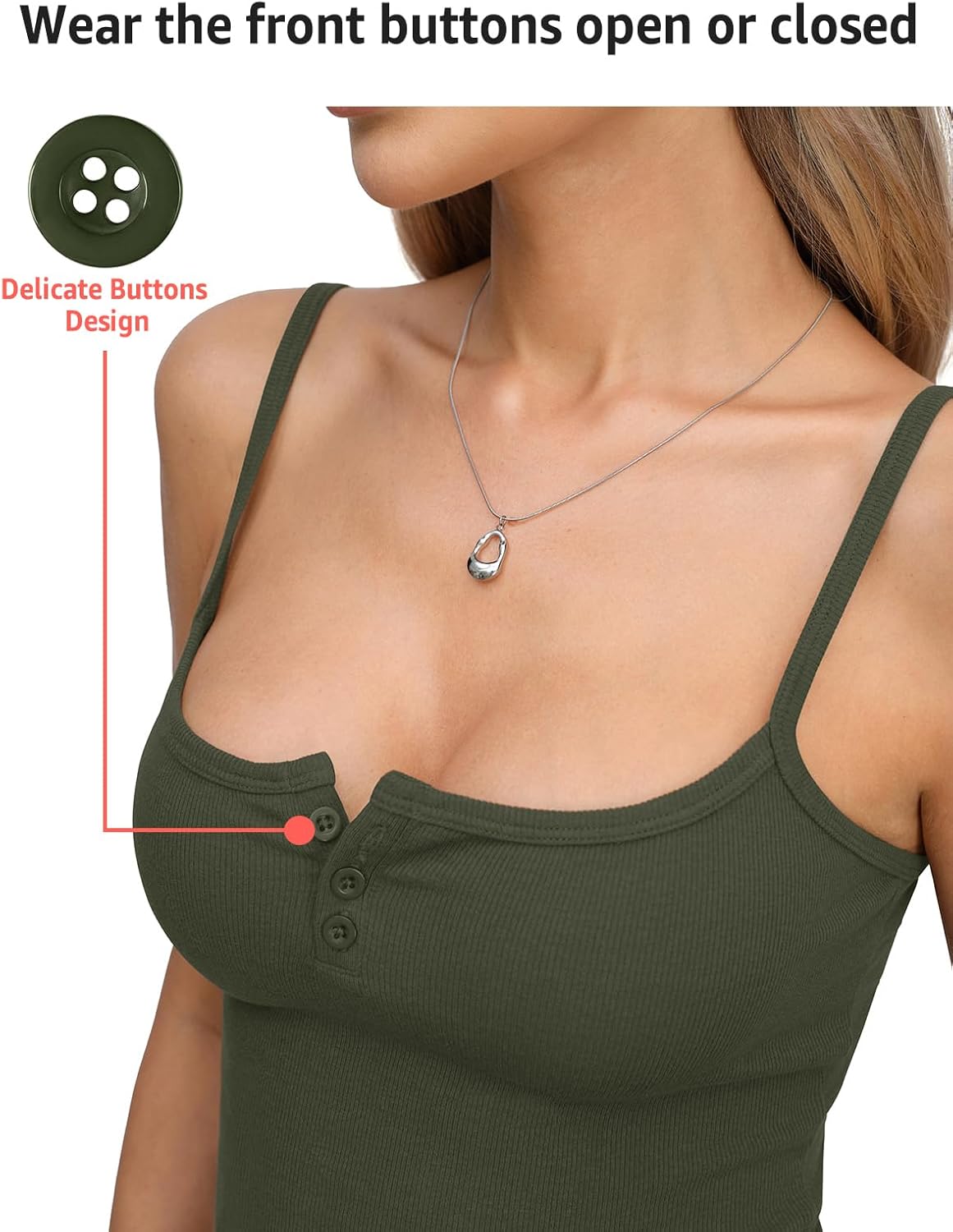 Womens Cotton Ribbed Henley Tank Tops Square Neck Camisole Adjustable Spaghetti Strap Fitted Shirts Summer 2026 - Image 3