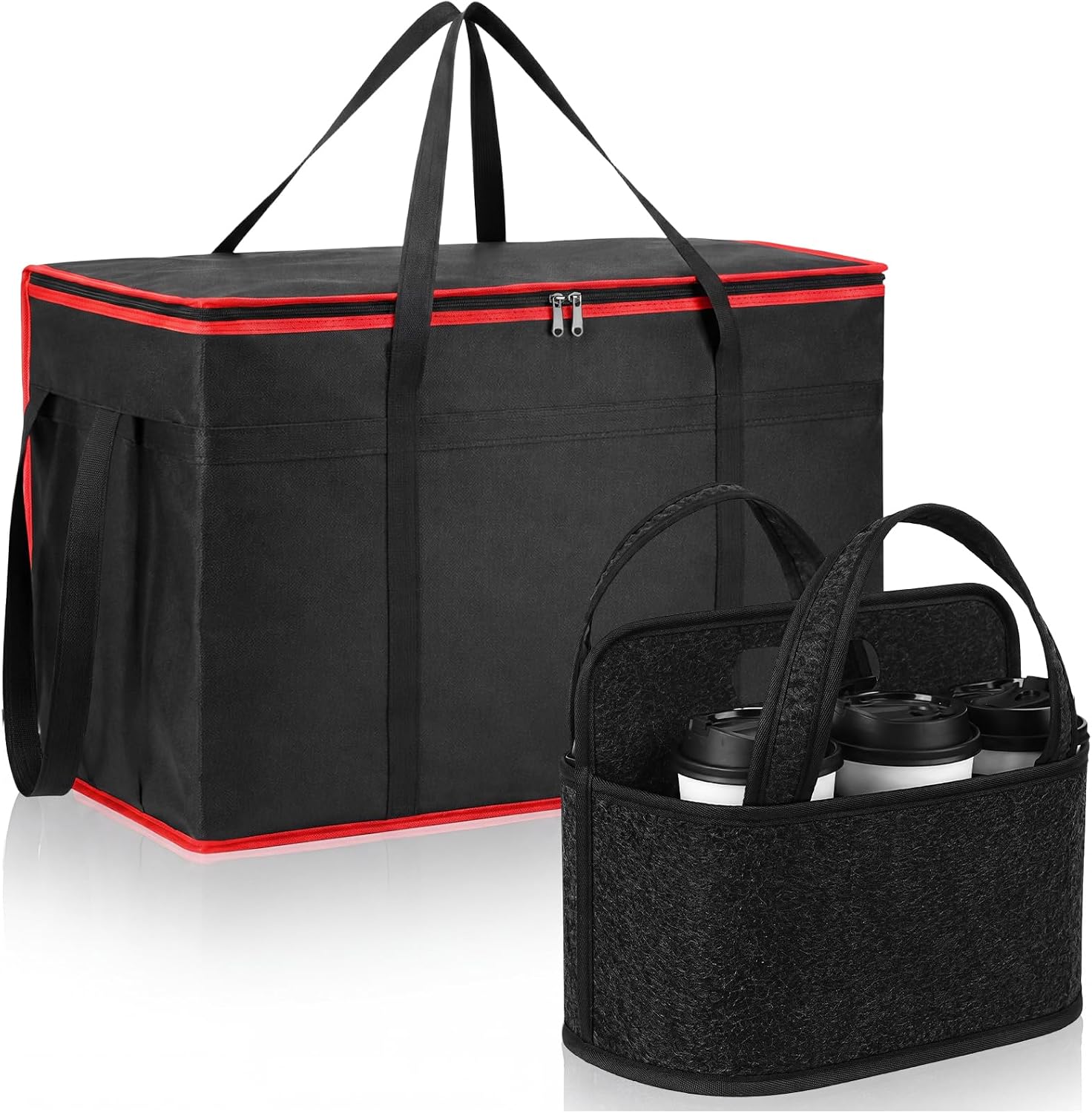 2 Pack Insulated Food Delivery Bag Kits 23" x 15" x 14" Insulated Delivery Bag Pizza Warmer Bags and Drink Carrier Tote with 6 Cup Holder for Travel Car Catering Transport