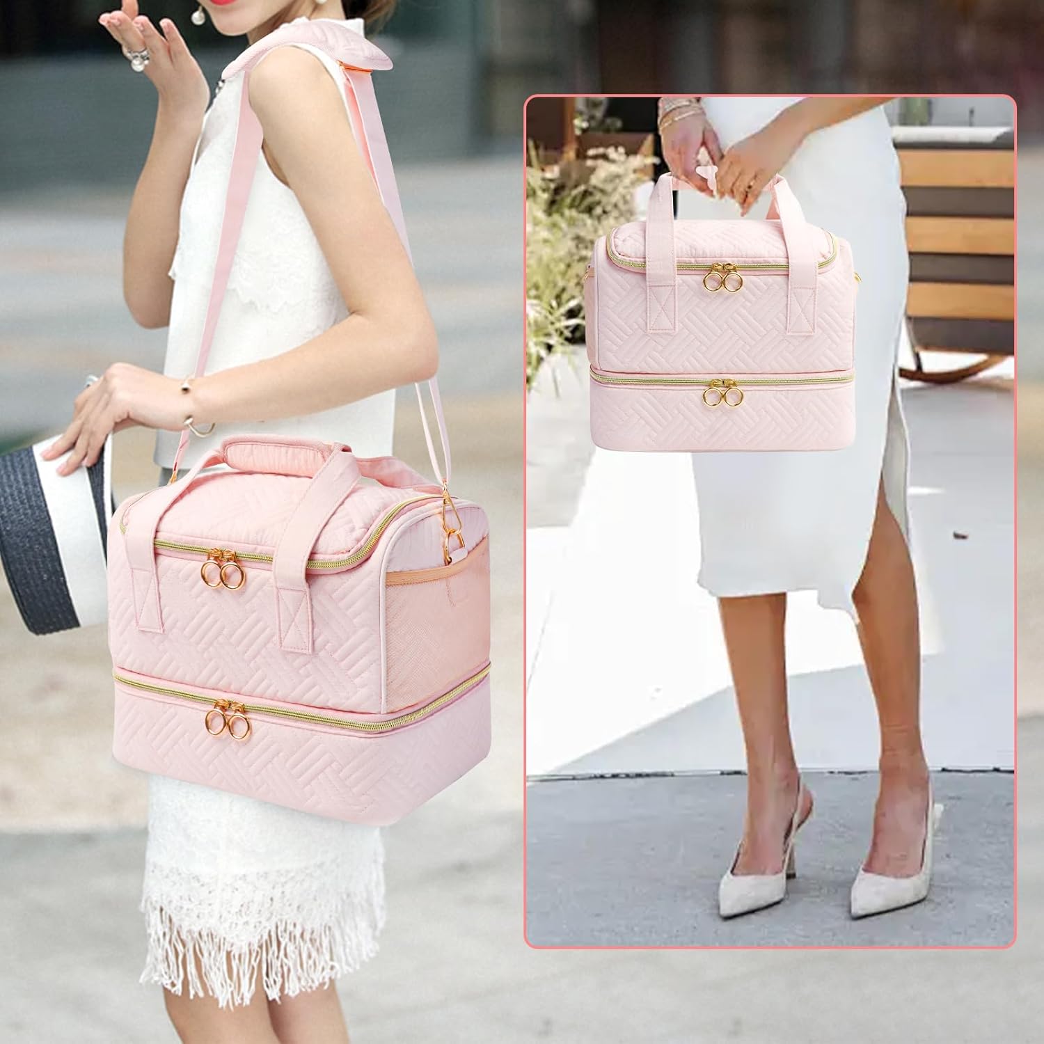 Veirdro Nail Polish Organizer Bag Holds 80 Bottles (15ml/0.5fl.oz)& Nail Lamp, Soft Velvet Nail Kit Storage Carrying Case with Shoulder Strap, Double Layer Nail Supplies Organizer Handbag Women (Pink)