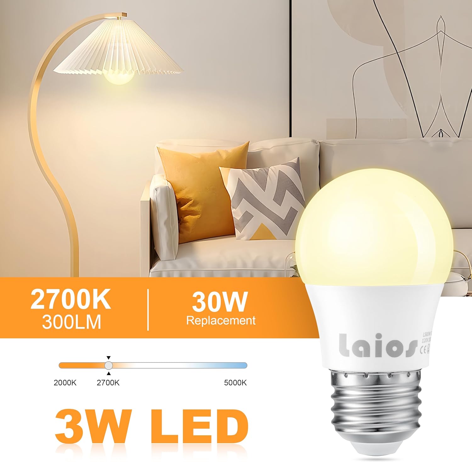 Laios E26 LED Light Bulb A15 Shape, 3W Replace 30W, 400lm, Soft White 2700K, 120V Medium Screw Light Bulb, Pack of 6, Non Dimmable