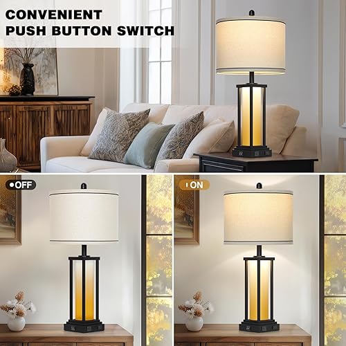 Miniatura 6 de 27" Tall Vintage Table Lamp Set of 2 with USB C+A & Outlet,Farmhouse Nightstand Lamp for Living Room,Rustic Retro Bedside Lamps with Red-Orange