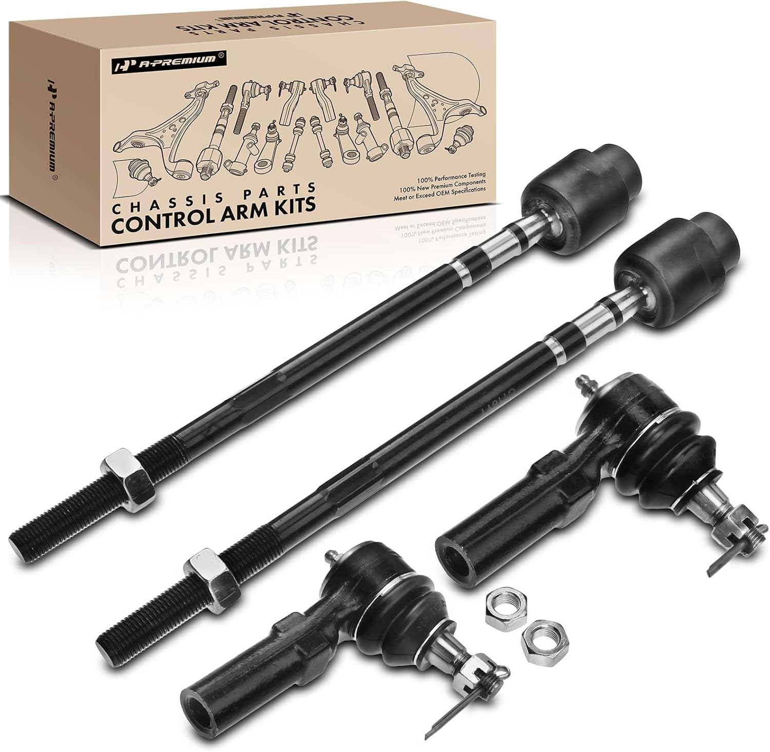 A-Premium Set of 4, Front Inner & Outer Tie Rod End Kit, Compatible with Buick & Chevrolet & Oldsmobile & Pontiac - 1993-1996 - Century, Lumina APV, Cutlass Ciera & Cruiser, Silhouette, Trans Sport