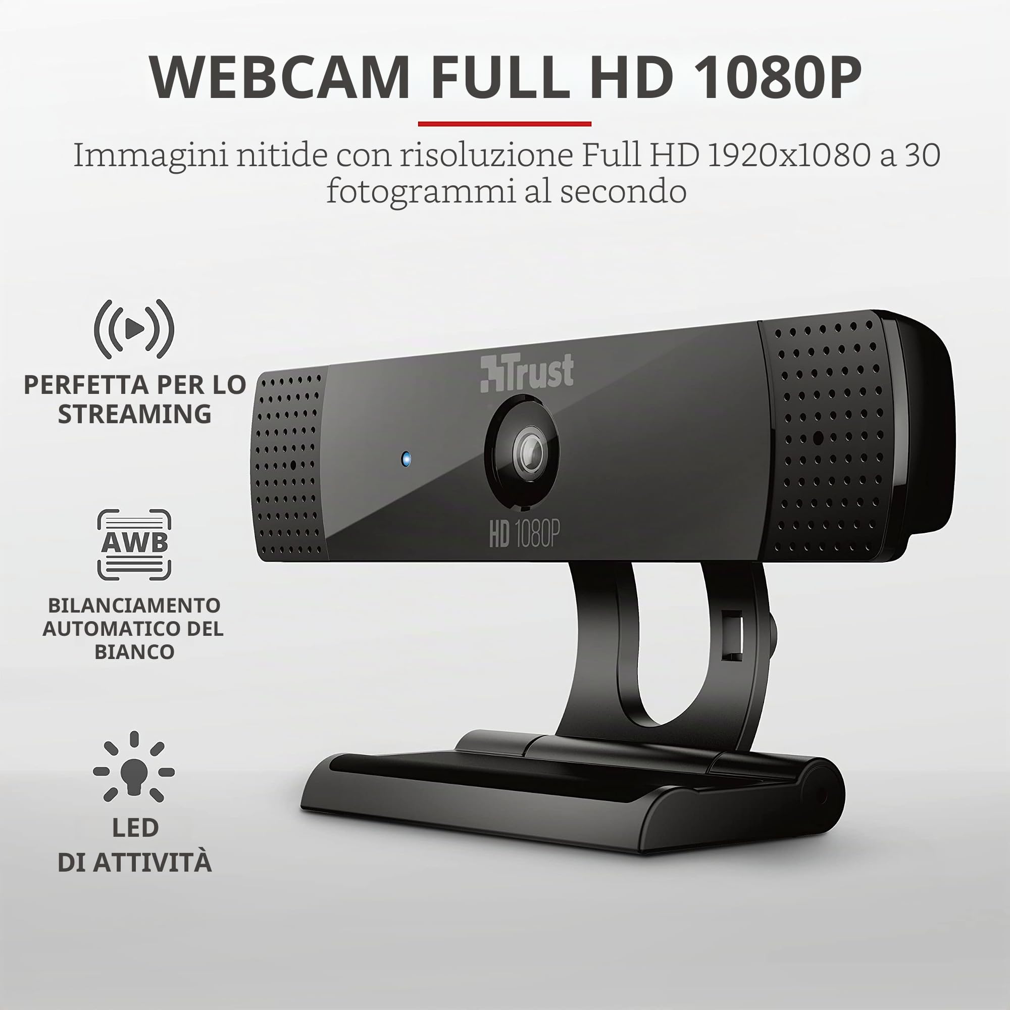 Trust Gxt 1160 Vero Webcam Full Hd 1080P Con Microfono Integrato, Nero