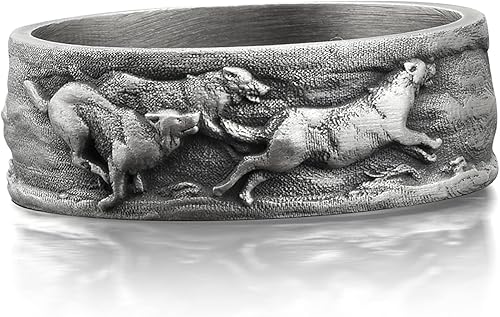 Miniatura 2 de BySilverStone Jewelry Wolf Family - Anillo de plata para hombre, anillo de promesa oxidado con lobo grabado para hombre, anillo de plata con