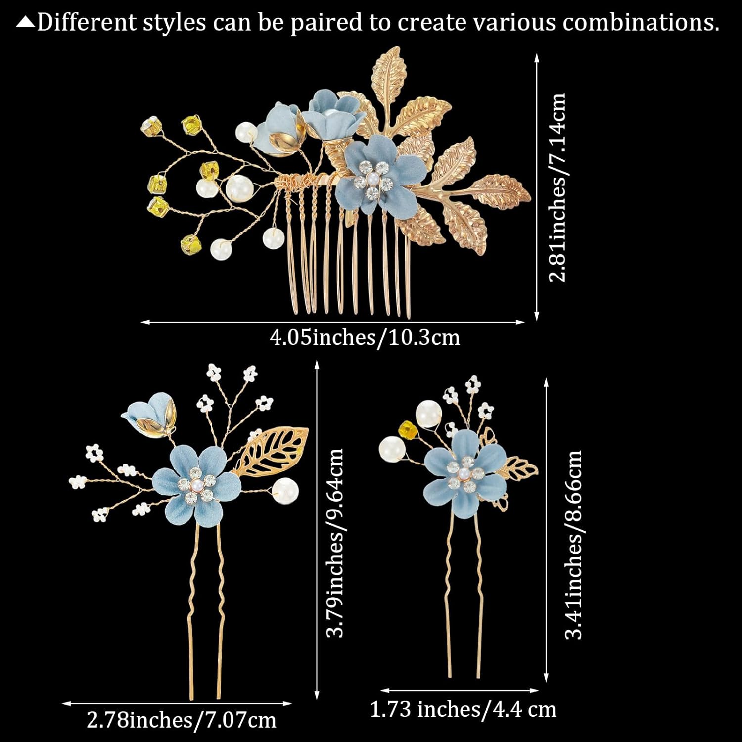 5PCS Bridal Flower Wedding Hairpins Crystal Pearl Hair Clips Headpiece Hair Accessories for Women Decorative HairClips for Brides Bridesmaids Women Girls Updo (Blue,5 Style) - Image 6