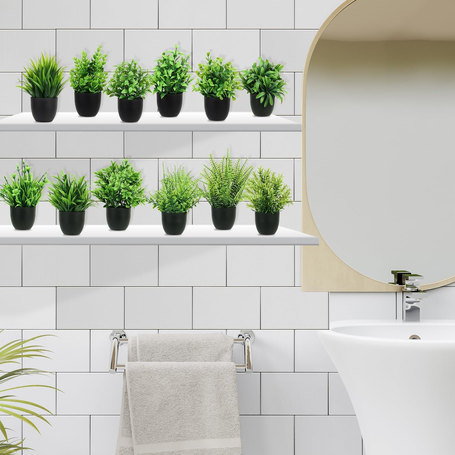 LELEE Artificial Plants Mini Fake Potted Plants, 12 pcs Small Eucalyptus Potted Faux Decorative Grass Plant with Black Pot for Home Decor, Indoor, Office, Desk, Shelf, Table Decoration