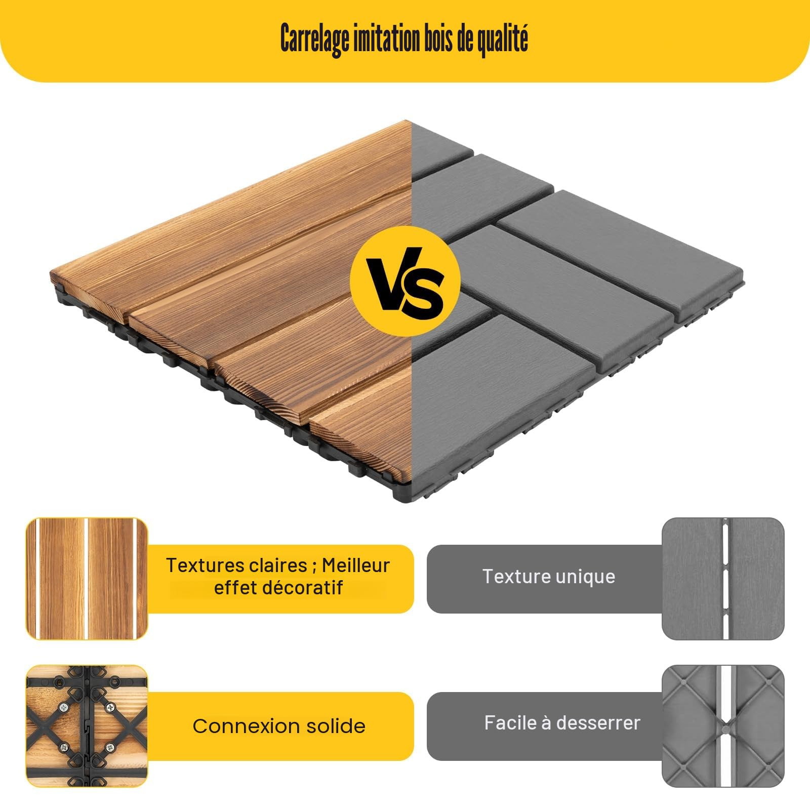 Dalle Terrasse Exterieur, 36x(30,3x30,3cm) Terrasse Exterieur, Dalle Clipsable Exterieur, Bois Massif de Mélèze Carbonisé, Antidérapant, Revetement de Sol pour Balcon, Jardin, Piscine