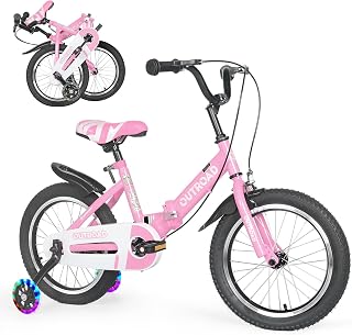 MarKnig 14 Inch Folding Kids Bike with Training Wheels, Dual Brakes