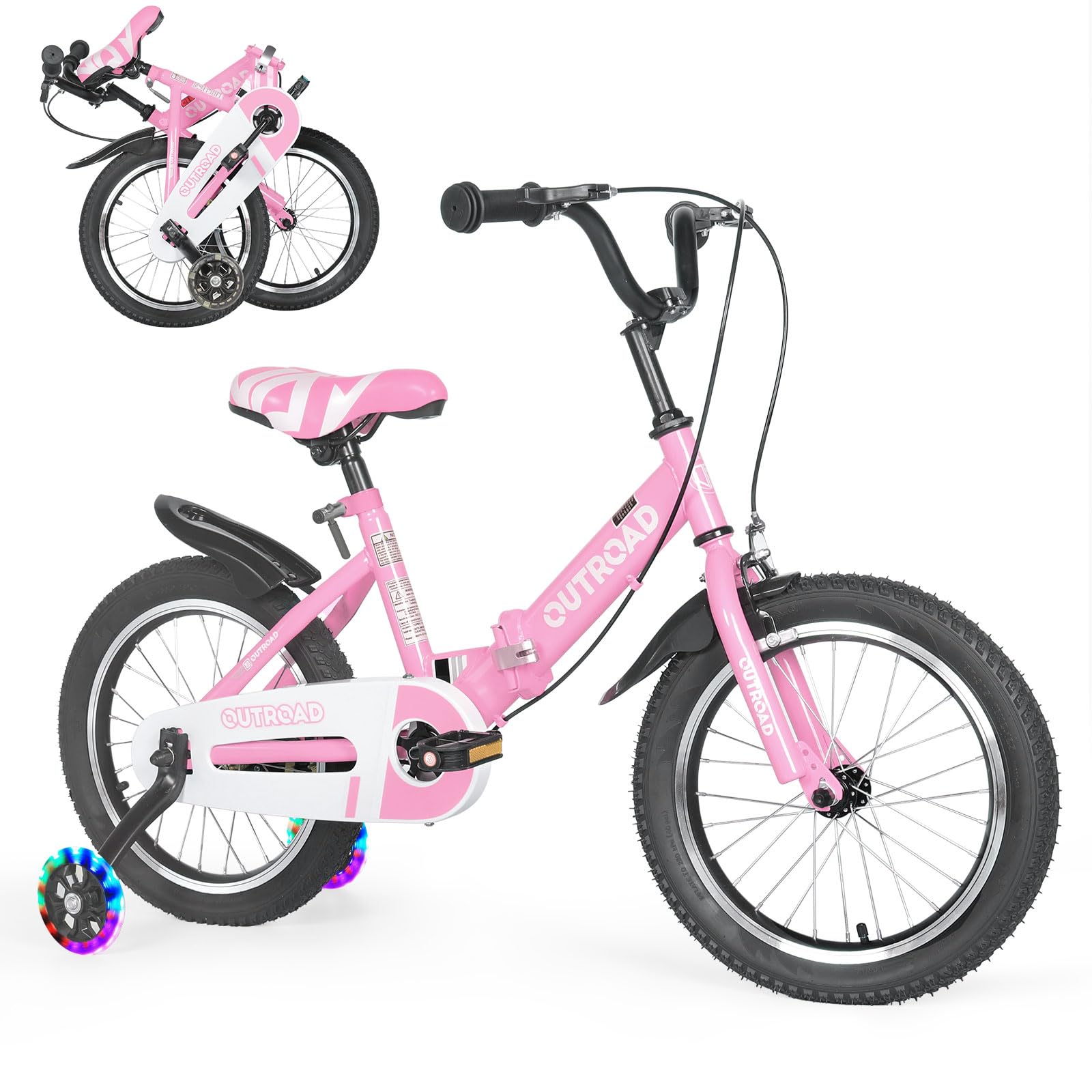 Outroad Kid Bike Foldable/Classic Children's Bicycle for Boys Girls Age 3-5 Years, 14 16 18 Inch Toddlers Bike with Training Wheels, Foldable 14 Inch-Pink