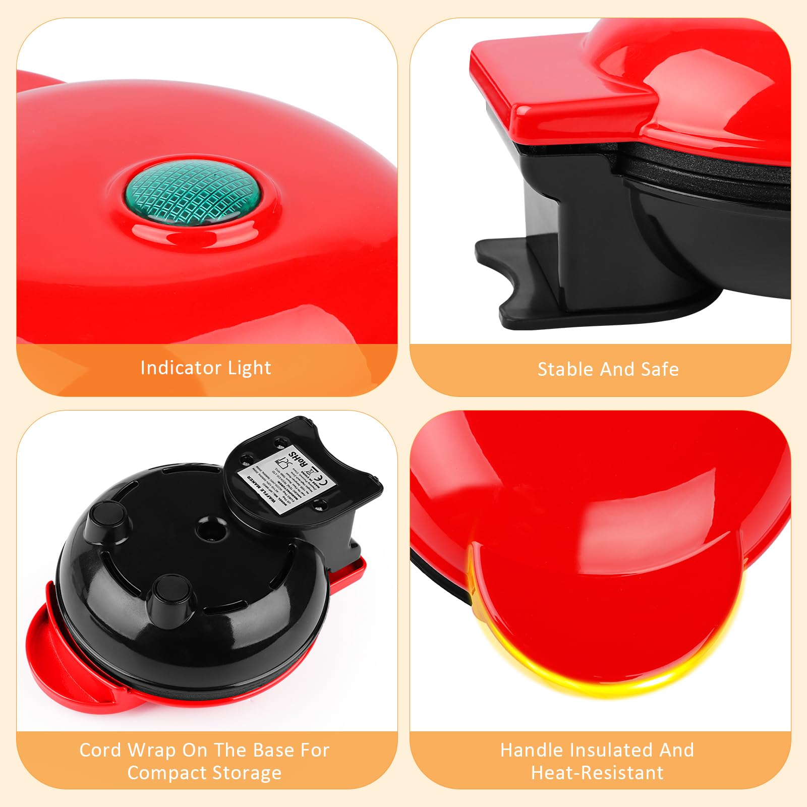 LWMTT Mini gofrera belga, diámetro 10 cm, 220 V | 350 W, clásica, calefacción de doble cara, gofrera de burbujas, una persona, compacta, adecuada para excursiones, color rojo