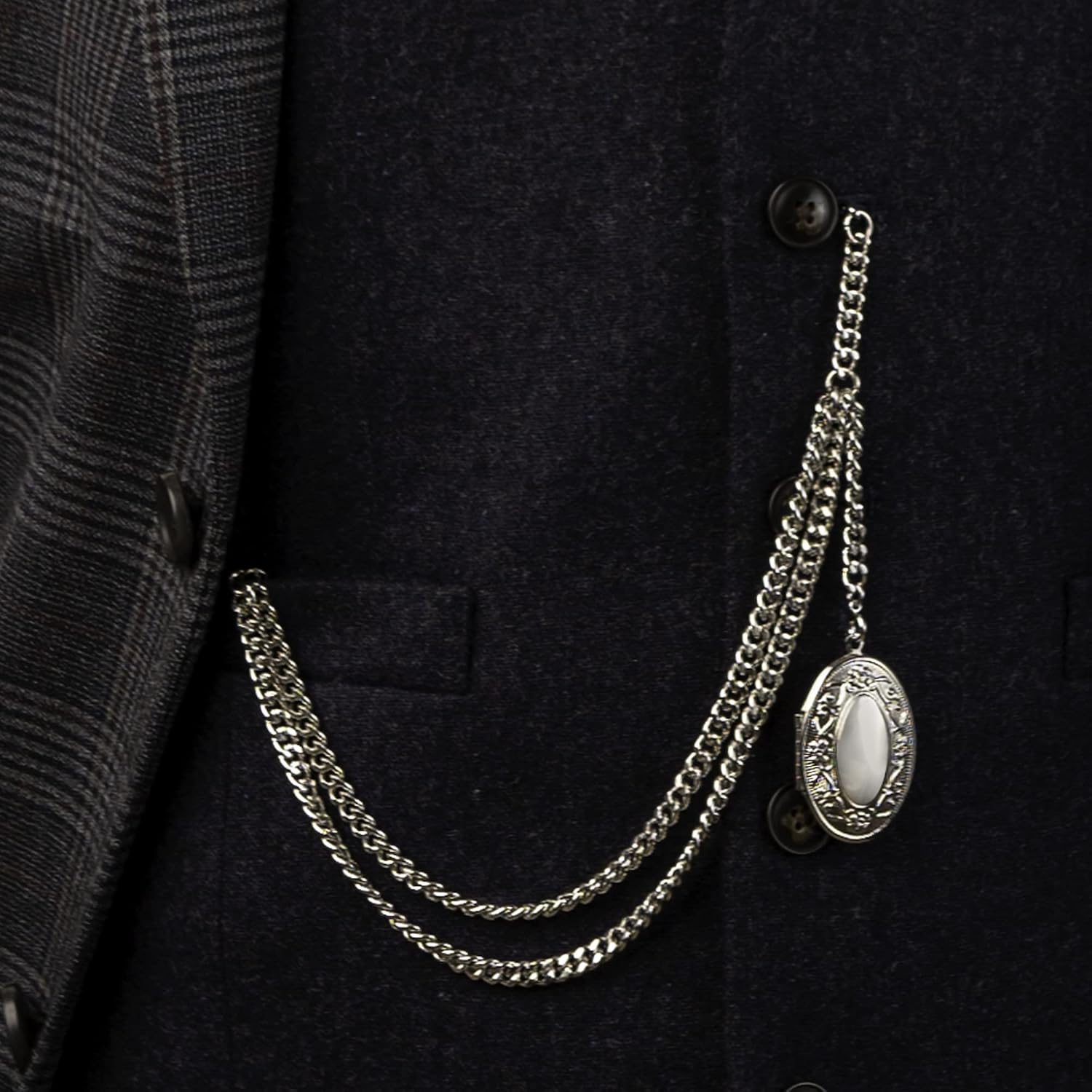 Handmade in The UK Silver Colour Albert Pocket Watch Chain with Oval Locket Pendant