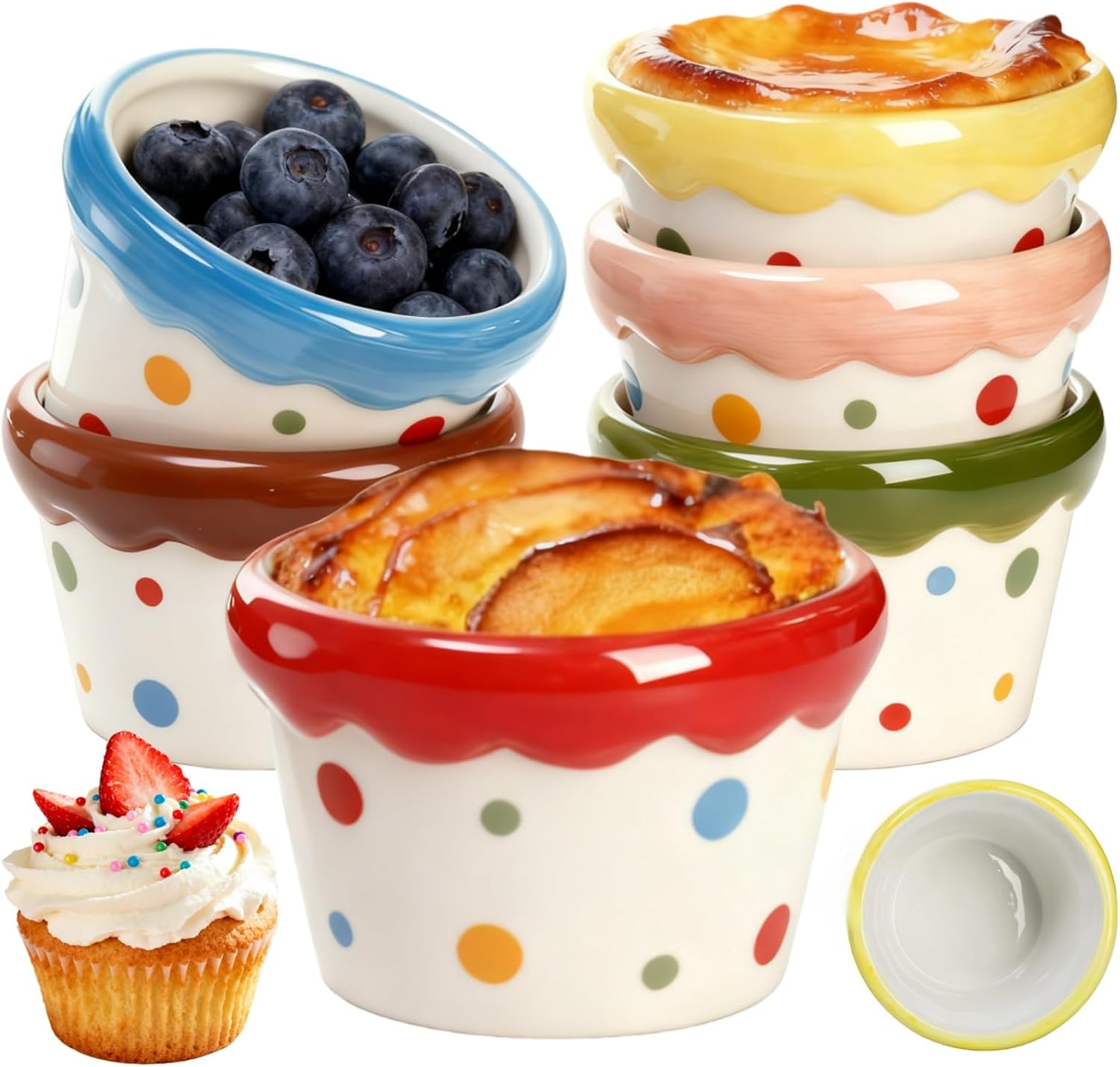 Tlence 6 Pack Ramekins Set, 9 OZ Pudding Custard Cups, Small Ceramic Brulee Souffle Dishes, Colorful Christmas Dipping Sauce Bowls for Ice Cream Fruits Baking, Oven Microwave Dishwasher Safe