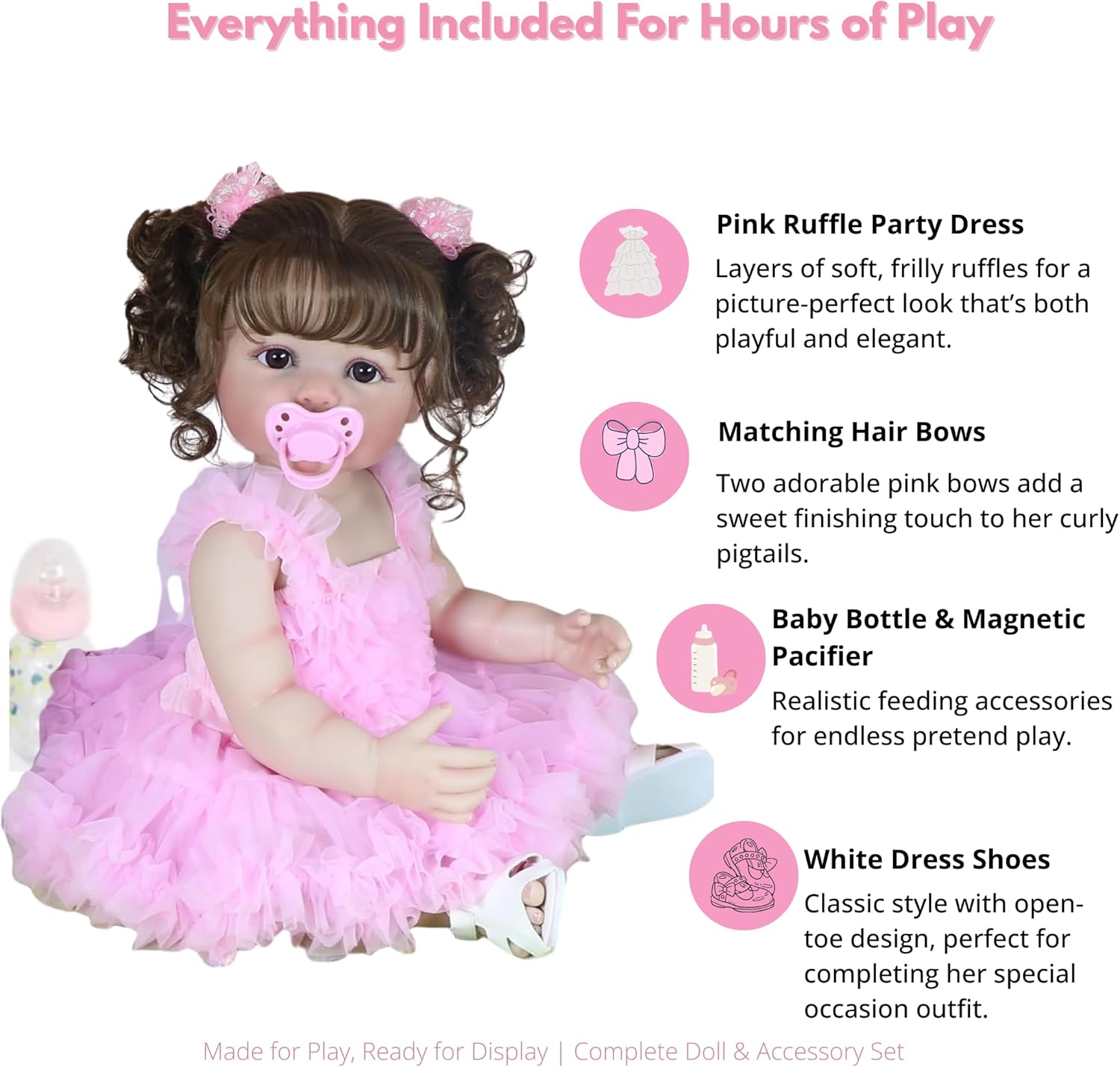 Madison in Pink – 22’’ Lifelike Toddler Girl Doll with Rooted Hair, Full Vinyl Body, Hand-Painted Details, and Removable Ruffle Dress – Perfect for Kids 3+