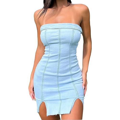 Just Quella Women Denim Dress Sexy Strapless Bodycon Party Dresses