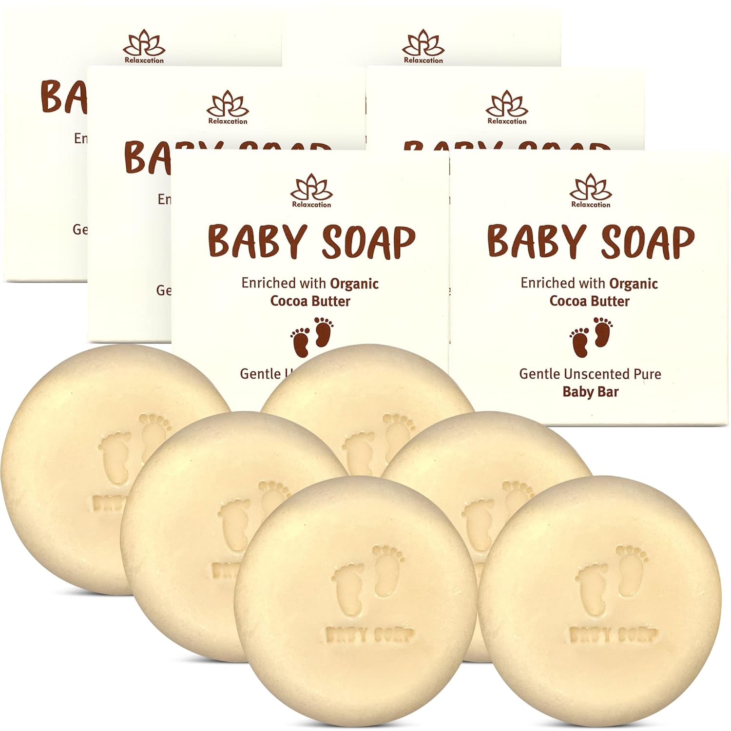 Relaxcation Organic Unscented Baby Soap Bar - 4 SIMPLE INGREDIENTS: ORGANIC Coconut, Olive Oil, Castor Oil and Moisturizing Cocoa Butter - Cold Process Handmade in USA (6 pack)