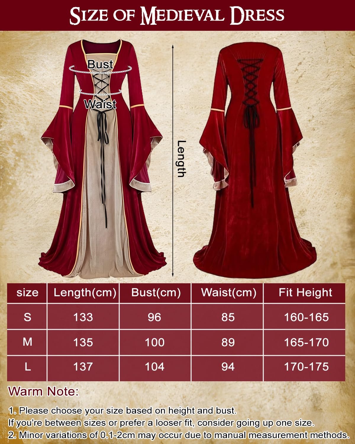Deguisement Medieval Femme, Costume Medieval Femme avec Collier et Boucles D'oreilles, Robe Renaissance à Manches Cloche, Costume Carnaval pour Fête Rétro Cosplay Halloween