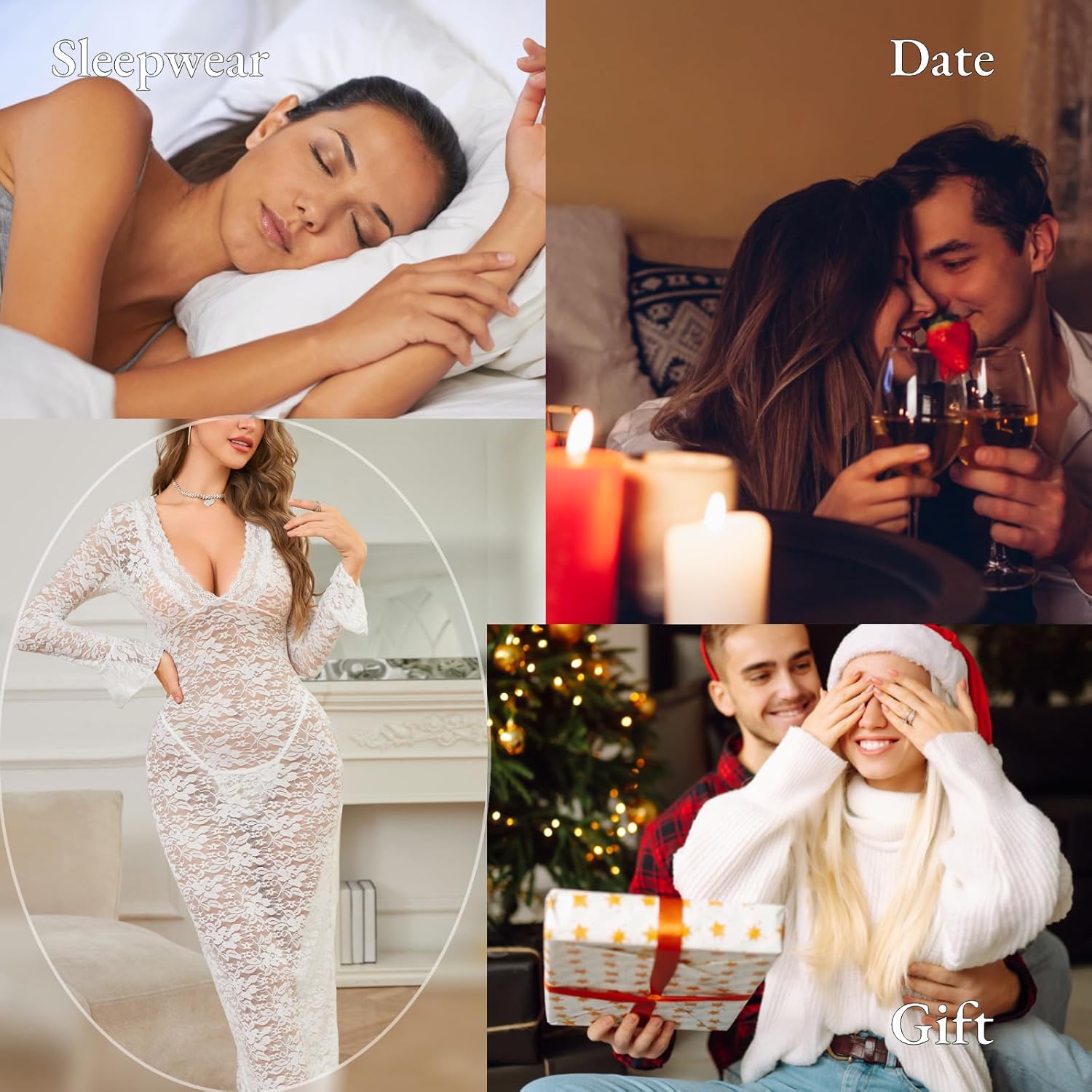 BIGFOX Women's Lace Long Dress Sheer Floral Long Sleeve Mesh Sleepwear Bodycon Dresses Beach Coverups Party Cocktail Dress White - Image 7