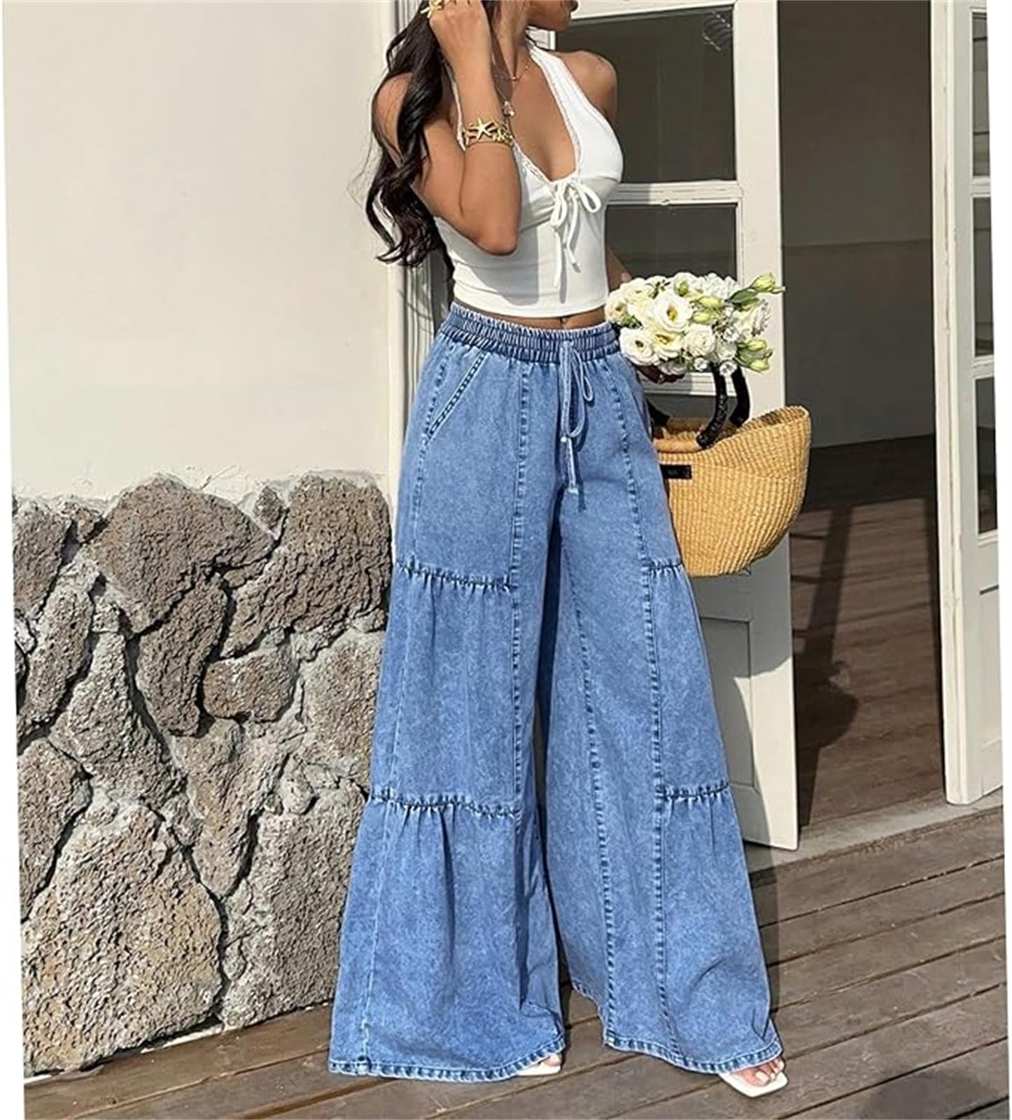 Pantalon Palazzo Femme Jambe Large Jean Flowy en Denim à Volants à Niveaux Taille Haute avec Cordon Poches