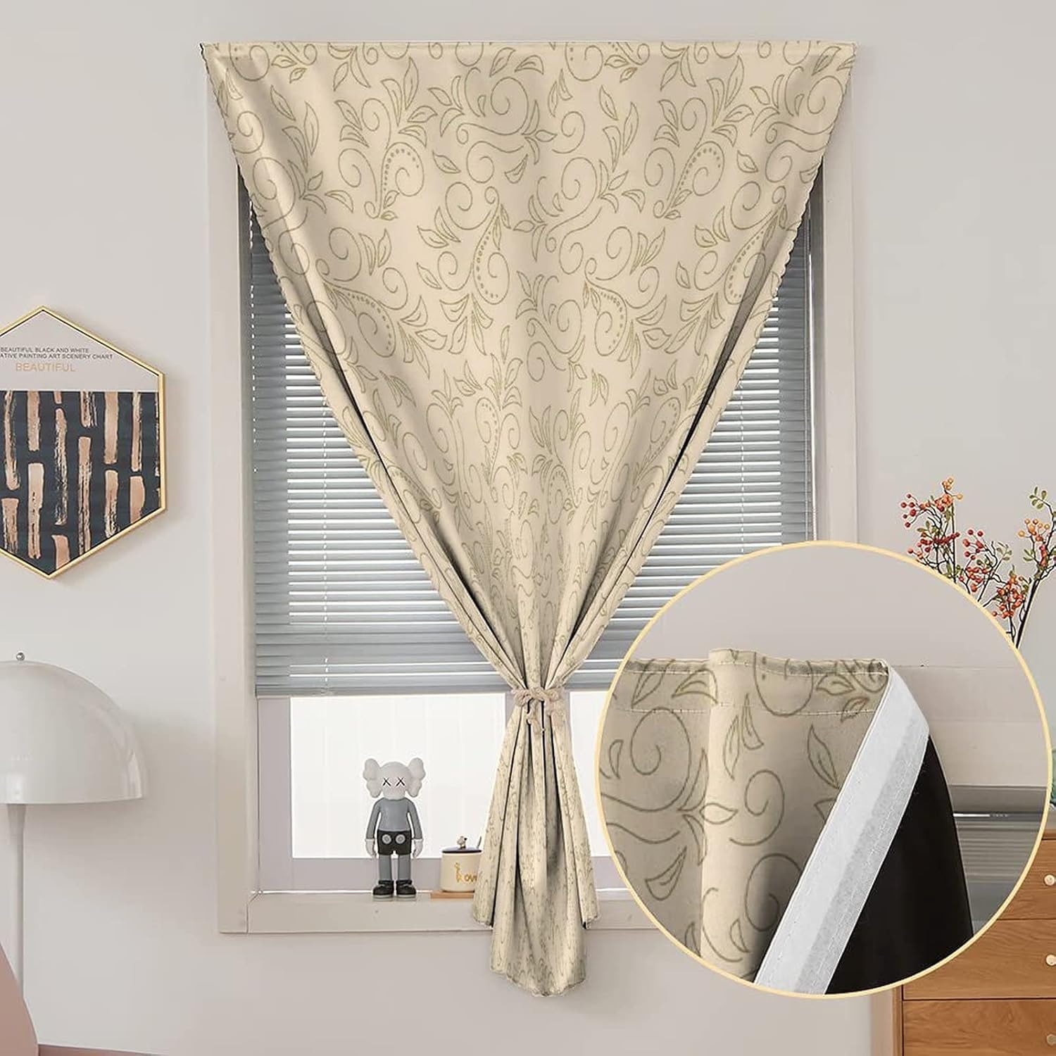 XISUNYA Autohesion Curtains, Beige Window Curtain Panel, Doodle Curved Floral Motifs Boho Art Print Adjustable Temporary Blackout Shades,59W x72L Inch, for Nursery,Children Kids Bedroom or Travel Use
