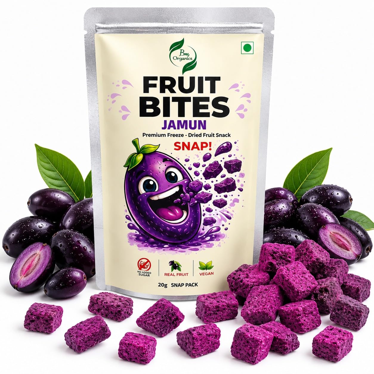 BM Organics Fruit Bites Jamun | Premium Freeze Dried Jamun Fruit Snack | No Added Sugar | Real Fruit | Vegan | Crispy Healthy Snack | 20g Snap Pack-image-39