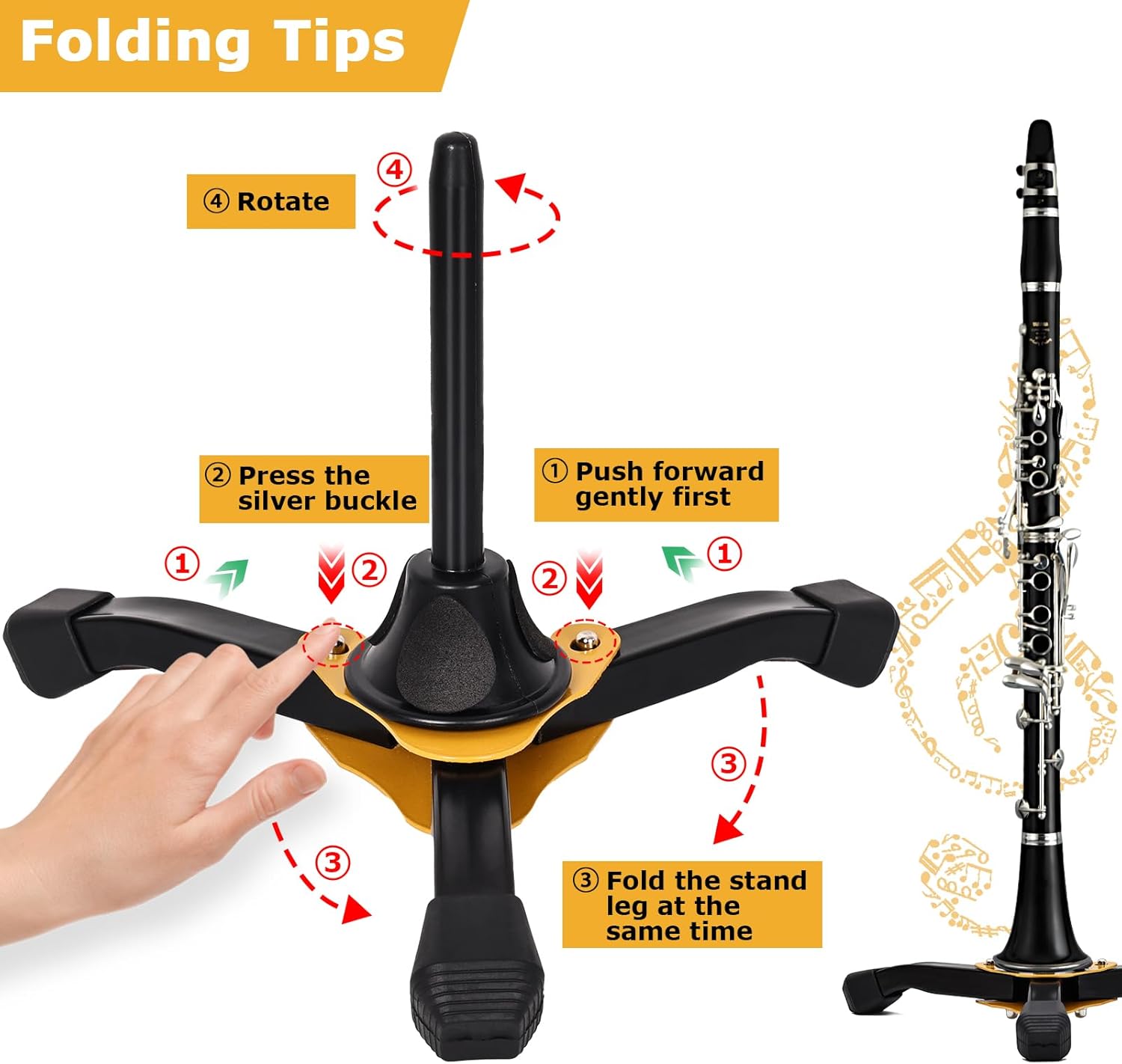 Clarinet Stand, Portable Flute Clarinet Stand with Flannel Bag,Clarinet Cleaning Cloth and Mouthpiece Brush, Foldable Flute Oboe Tripod Holder Stand Set, Combo 4Pack