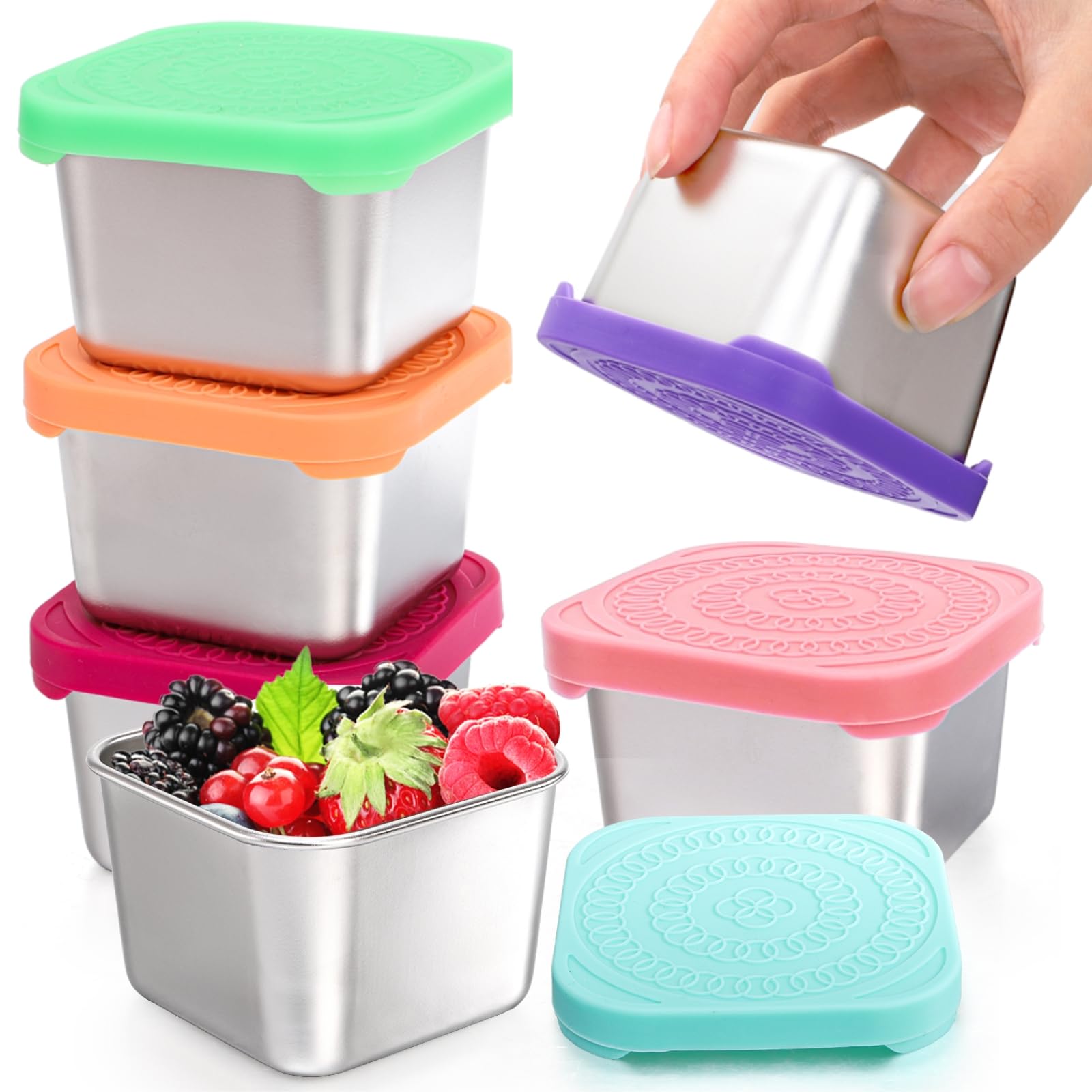 Eorbow 6 Pack Stainless Steel Snack Containers for Kids, 6 OZ Leakproof Metal Lunch Box with Silicone Lids, Small Salad Dressing Container To Go for Sauce Dip, Daycare School Travel Picnics