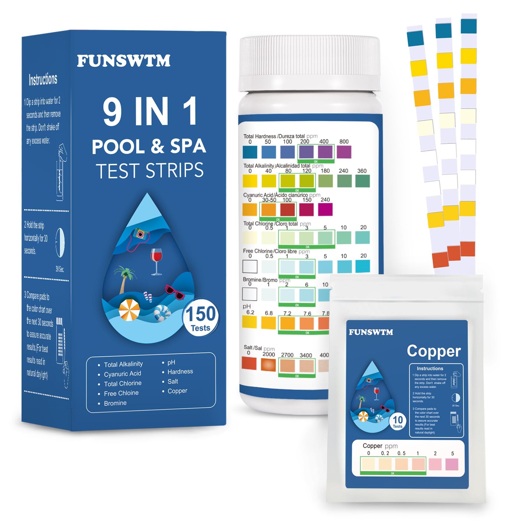 Photo 1 of 2026 New Pool Test Strips - 9 in 1 Pool Salt Test Strips 150 Counts for Salt Water Pool Testing Kit for Salt Level (0-6000ppm) Copper GH pH Bromine Cyanuric Acid for for Swimming Pool Spa Hot Tub