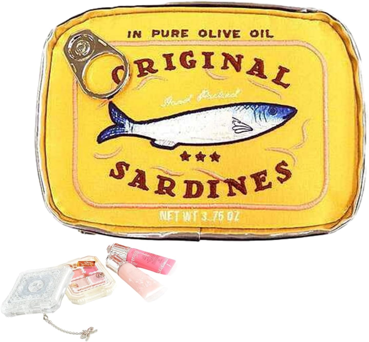 Cosmetics Bag, Toiletry Travel Organiser Pouch, Funny Canned Sardine Design Aesthetic Storage Bag for Skin Care, Makeup, Eye Shadow, Shampoo, Daily Needs, 6.1 x 4.33 x 1.77 Inches, Yellow, See