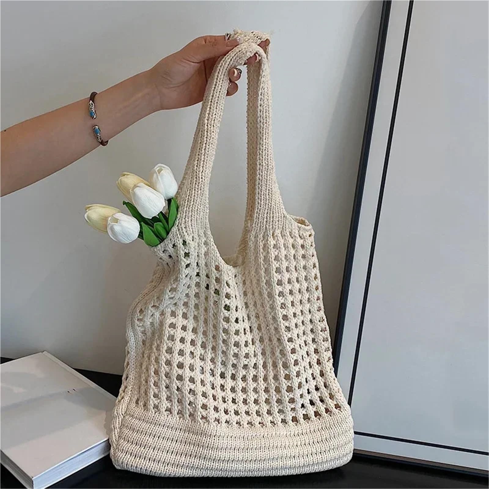 Bolsa De Ganchillo Bolso de Hombro Hueco de Punto for Mujer, Bolso de Compras de Ganchillo de Gran Capacidad, Bolso de Playa Informal for Vacaciones para Mujer(Khaki)