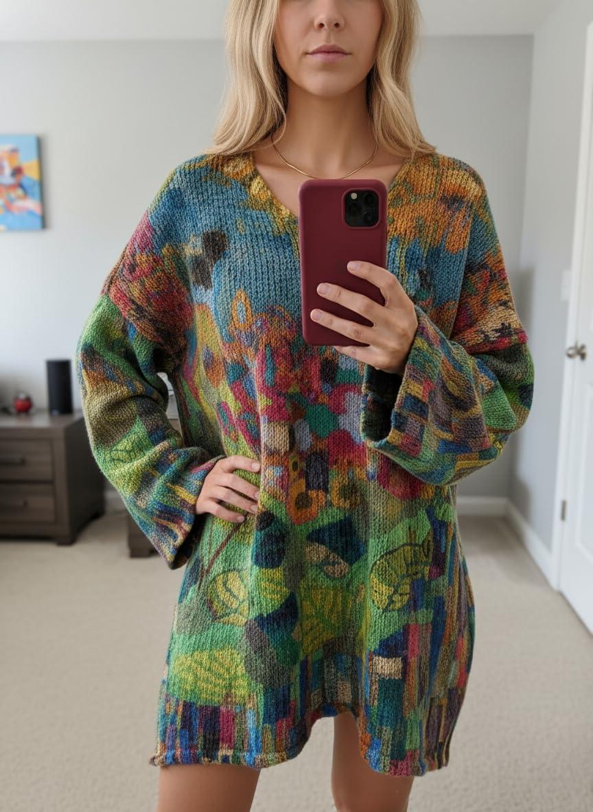 TIAFORD Boho V Neck Oversized Dress for Women 2026 Spring Multicolor Abstract Floral Printed Loose Long Sleeve Tunic Tops - Image 2
