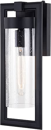 VAXCEL Malmo 15.75 in. H 1-Light Matte Black Dusk to Dawn Sensor Outdoor Wall Sconce, Durable Metal, Clear Seeded Glass Shade, LED Compatible for Exterior Porch Patio Front Door or Garage