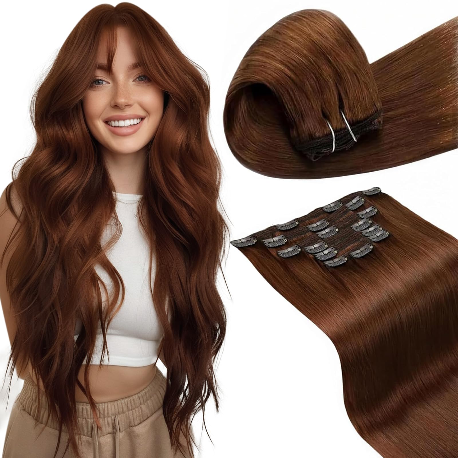 LaaVoo Human Hair Clip in Extensions Auburn Brown Clip in Hair Extensions Real Human Hair Auburn Hair Extension Clip ins Brown Double Weft 14 Inch