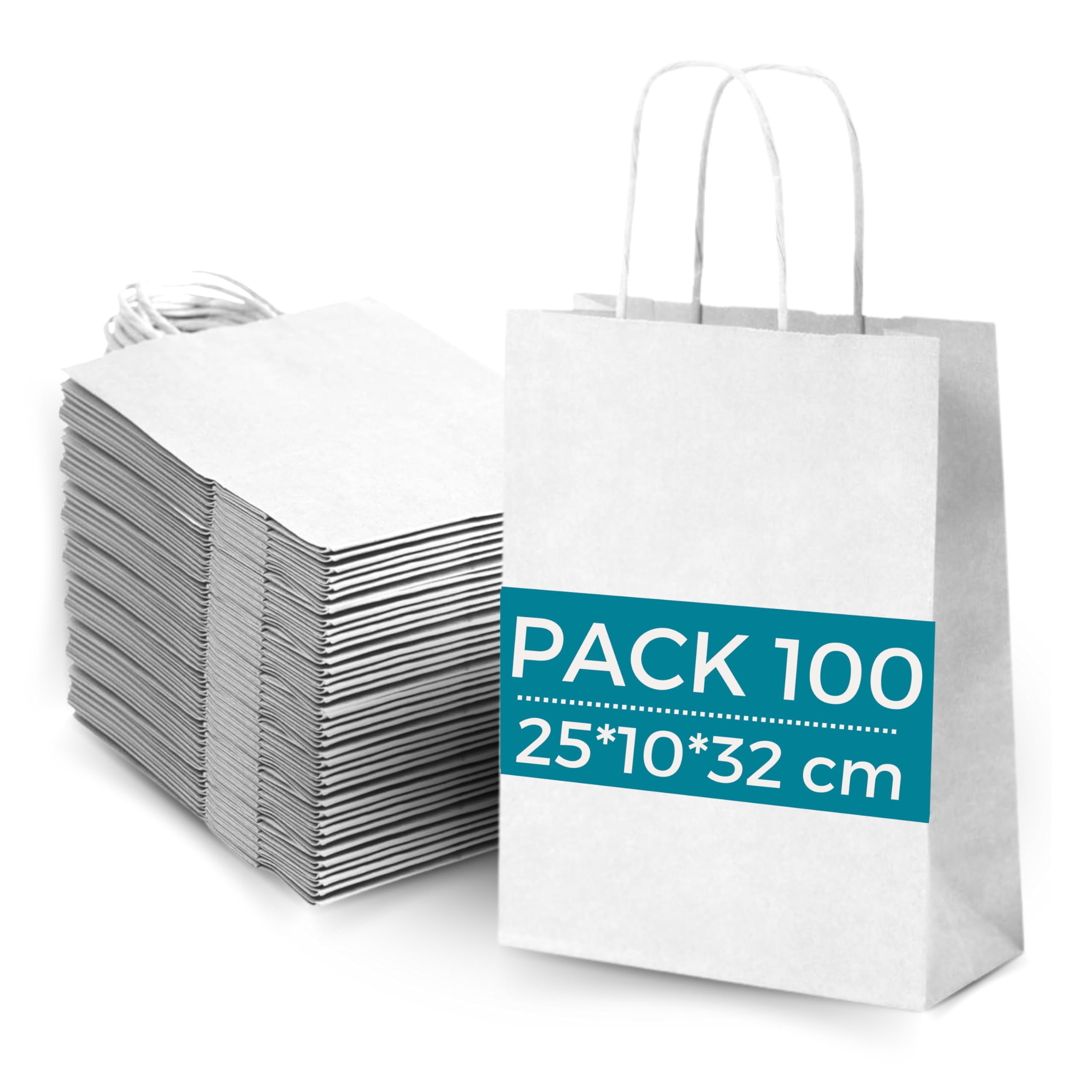 100 Bolsas de Papel Kraft Blanco con Asas 25x10x32 cm – Bolsas de Regalo y Compra para Tienda, Bodas y Fiestas | Espirito Rebelde