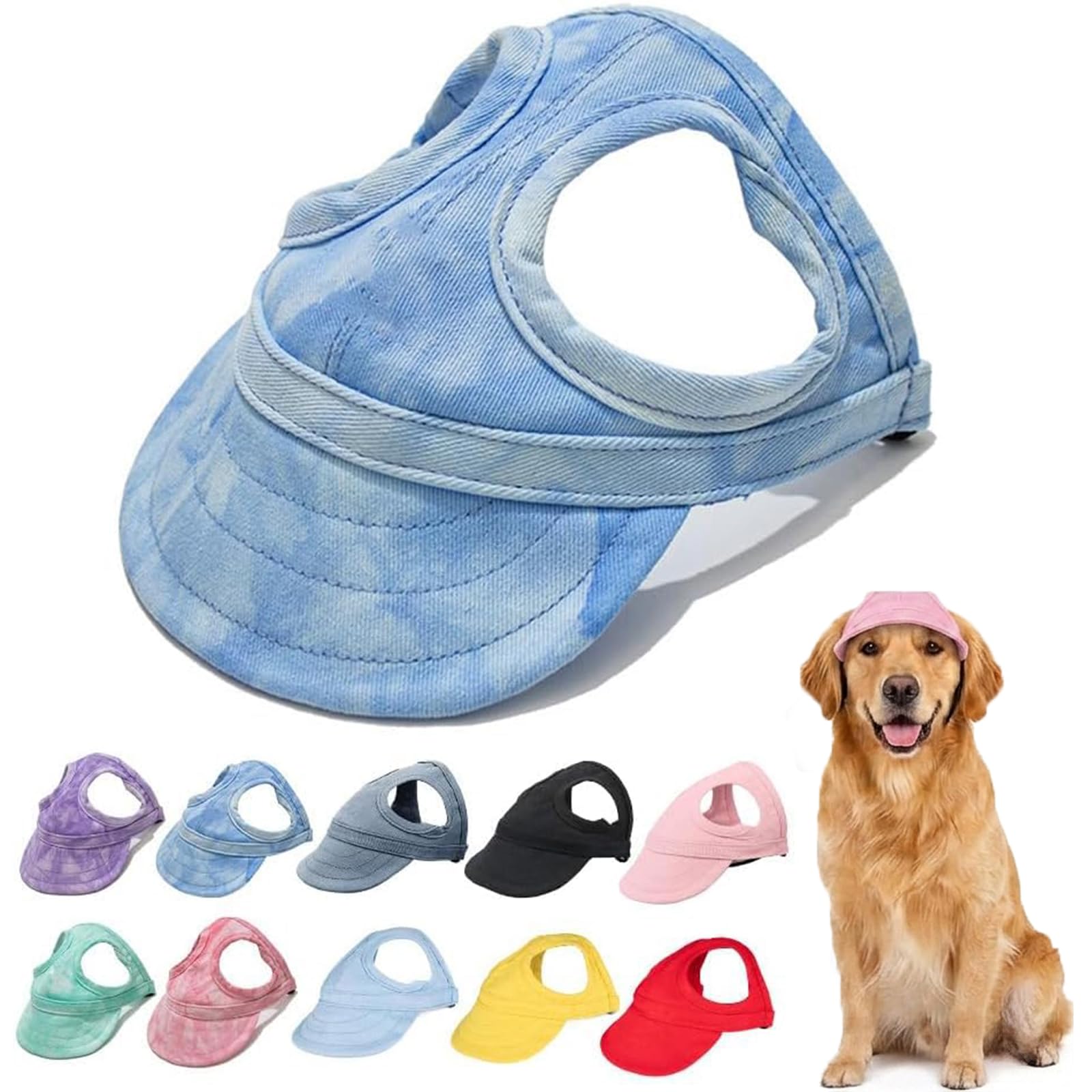 Dog Baseball Cap for Small Medium Dogs, Breathable Canvas Pet Sun Hat with Ear Holes, Adjustable & Anti-Slip Outdoor Visor (Cloud Blue,Large)