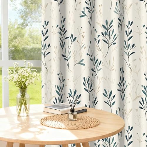 Miniatura 4 de Juego de 2 paneles de cortinas opacas blancas de 84 pulgadas de largo, cortinas opacas con patrón de hojas blancas con ojales para colgar en