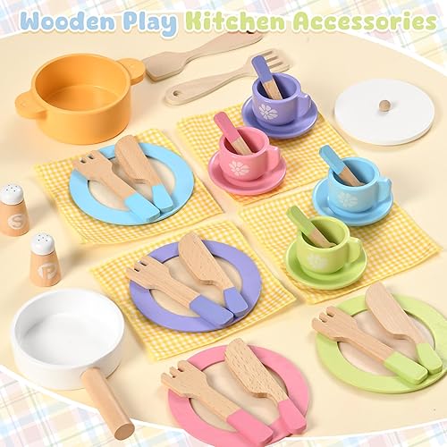 Miniatura 7 de Toyssa Juego de 34 platos de madera y platos de cocina para niños pequeños, accesorios de cocina con sartén y vajilla, juego de cocina Montessori