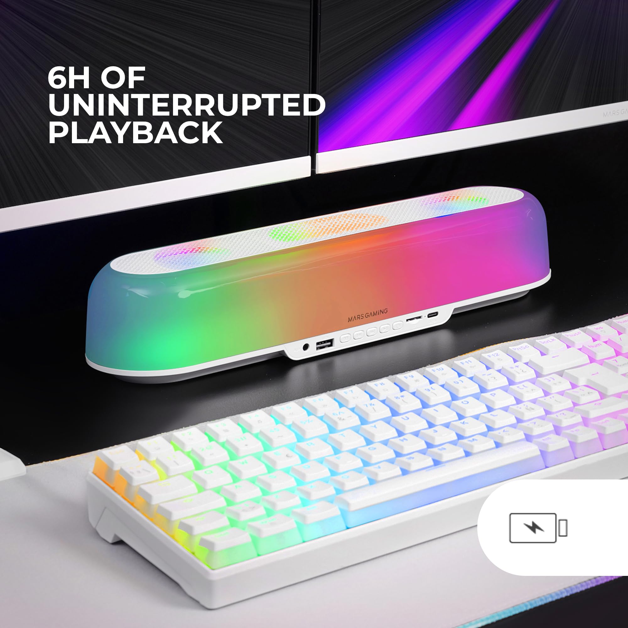 MARSGAMING MSB-ORB, Altoparlante Portatile + Soundbar 20W, Illuminazione Orbilight RGB 360º, Soundbar Sistema Triplo Driver, Altoparlante Gaming Bluetooth 5.3 / USB/MicroSD/AUX/FM, Bianco