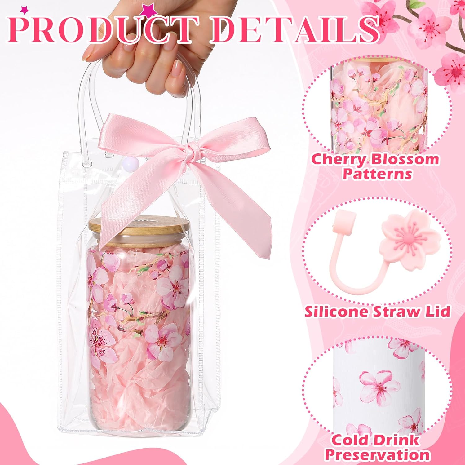 Honeydak Cherry Blossom Gift Set Includes Cherry Blossom Glass Cup with Lid and Straw Clear Gift Bag Sakura Cup Sleeve Flowers Straw Cover Cap Sakura Scrunchie for Women - Image 4