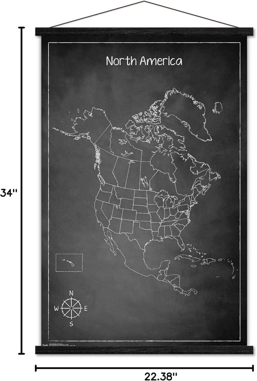 Trends International Chalk Map - North America Wall Poster with Magnetic Frame, 34L x 22.4W, Print and Black Hanger Bundle