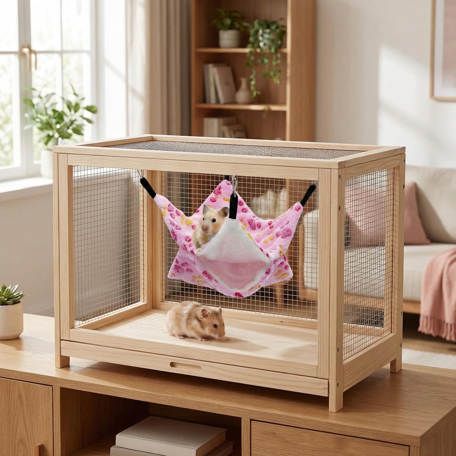 Amexo 4 Pcs Hamac Double Couche pour Petits Animaux de Compagnie - Suspendus pour Furet, Hamster, Rat, Écureuil, Chinchilla, Cochon d'Inde (30 x 30 cm, Empreinte de Patte)