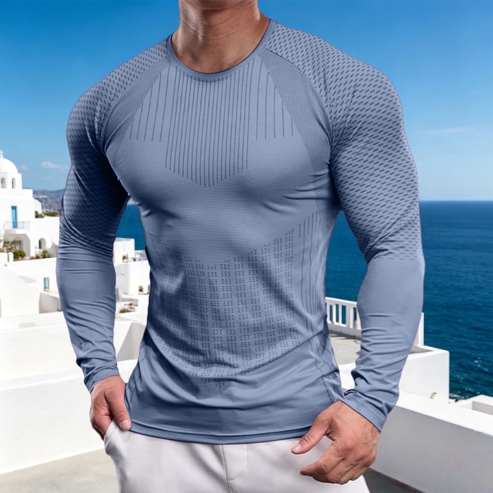 Chunotu - Maglietta sportiva da uomo, girocollo, a maniche lunghe, vestibilità muscolare