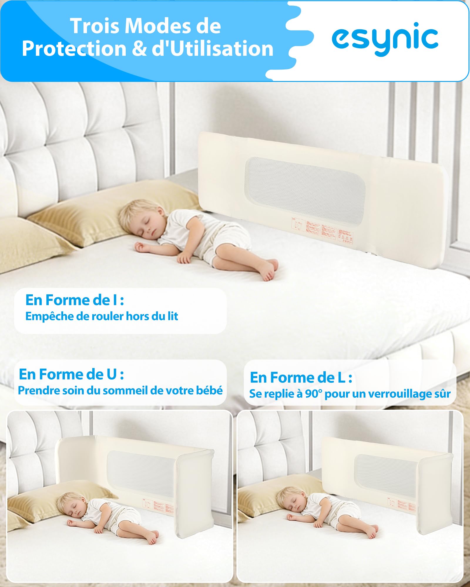 eSynic Barrière de Lit Enfant Pliable 150 x 41 cm Base en U Réglage en Hauteur Attache de Ceinture de Sécurité Barriere de Sécurité Lit Tissu Maillé Protection Anti-Collision avec Sac de Rangement