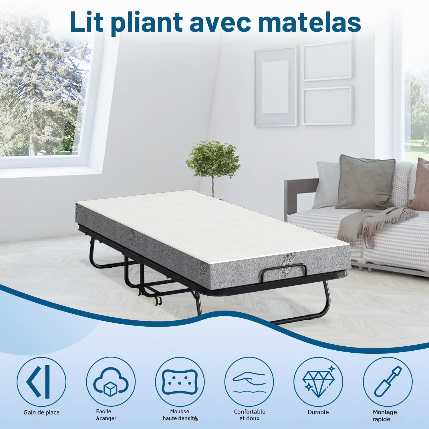 ISOSIL Lit pliant 90 x 200 cm Lit d'appoint avec cadre de lit pliable en métal et matelas en mousse de 13 cm Charge maximale 200 kg